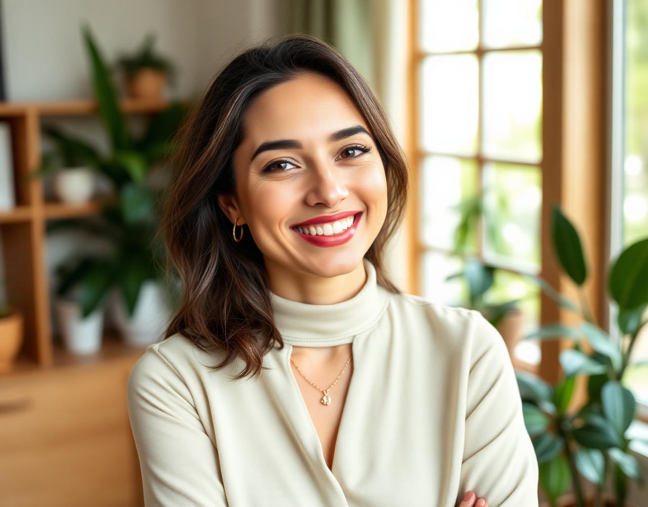 Psicóloga da AmoPsicologia sorrindo em consultório acolhedor com plantas e luz natural